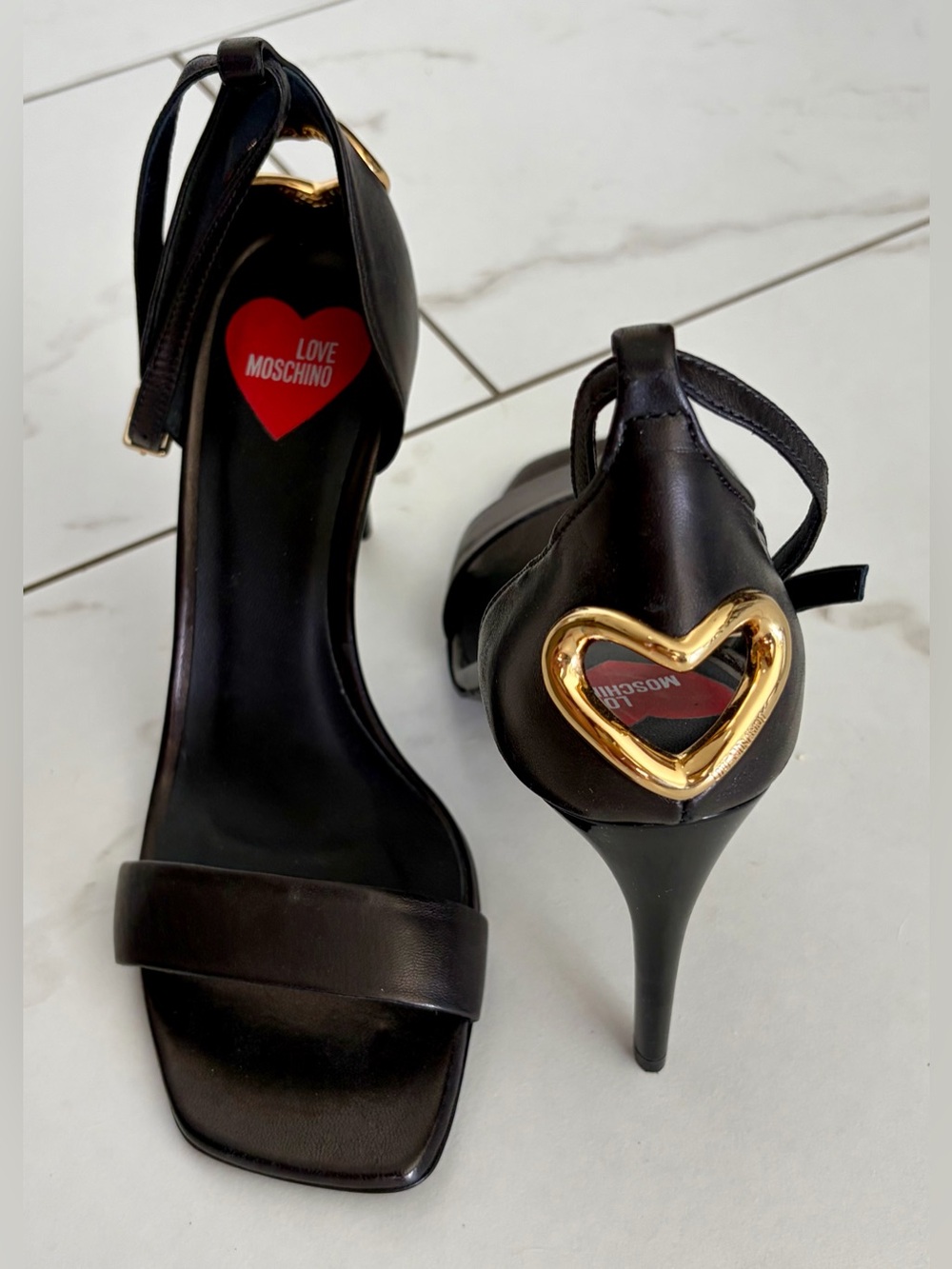 Love Moschino Black Heeled Strappy Sandals with Gold Heart Accent 38